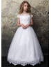 Beaded White Lace Tulle Flower Girl Dress With Scalloped Edge Beaded White Lace Tulle Flower Girl Dress With Scalloped Edge